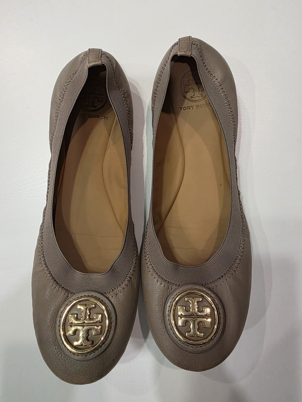 Tory Burch Taupe Leather Reva Ballet Flats with Gold Logo